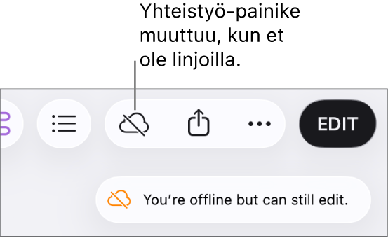 Näytöllä näkyvässä ilmoituksessa lukee ”Et ole linjoilla, mutta voit silti muokata.”