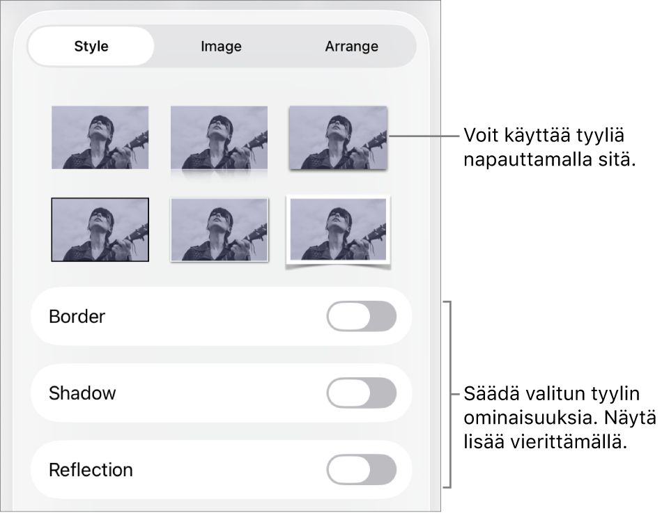 Muoto-valikon Tyyli-välilehti, jossa on ylhäällä objektityylejä ja niiden alla säätimiä, joilla muutetaan reunoja, varjoa, heijastusta ja peittävyyttä.