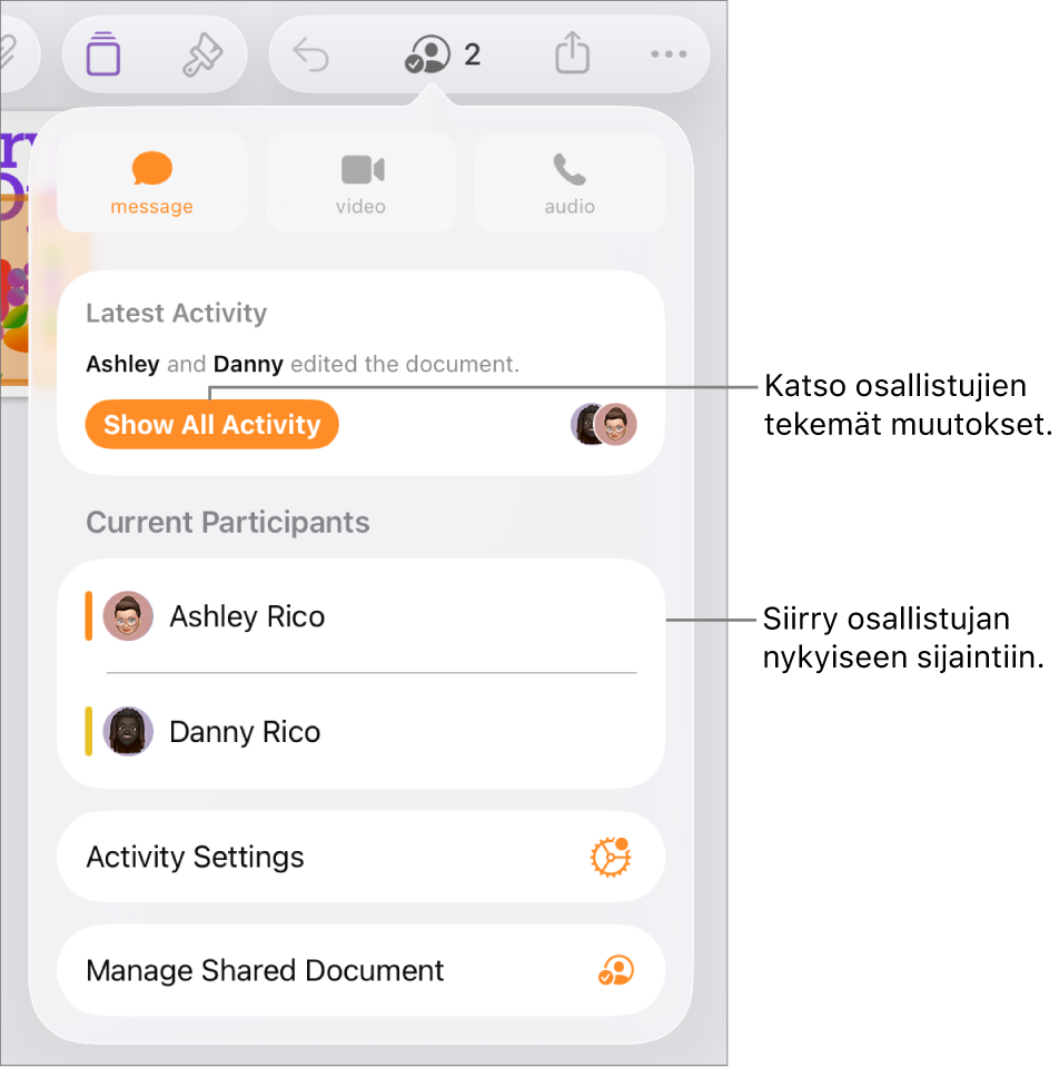 Yhteistyövalikko, jonka luettelossa on nykyiset osallistujat.