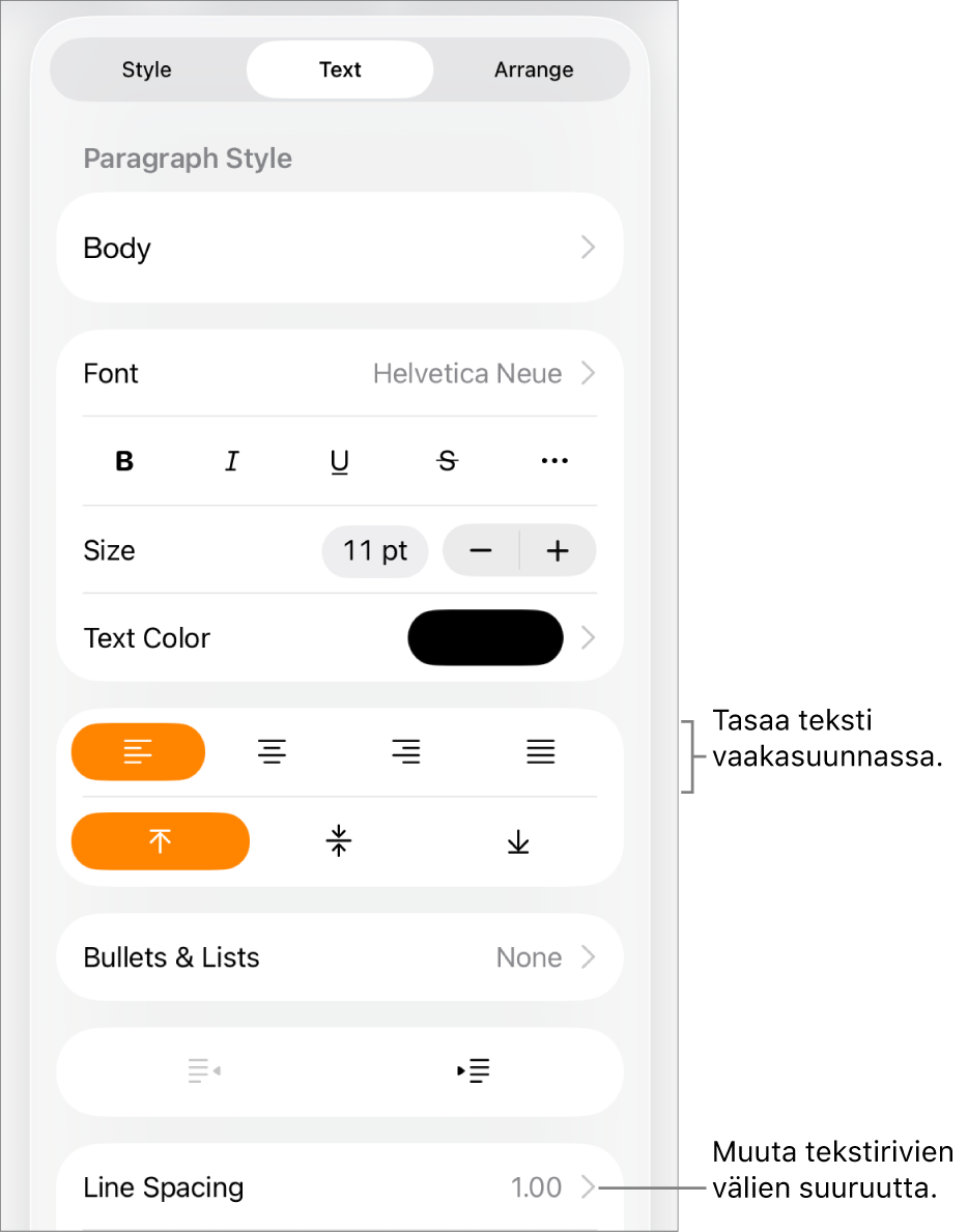 Muoto-säätimet-painike, jossa Teksti-välilehti valittuna sekä tekstin tasauspainikkeiden ja Riviväli-valikkokohteen selitteet.