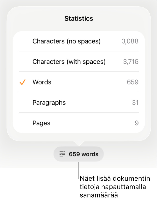 Sanamäärä ja valikko, jonka valinnoilla voi näyttää merkkimäärän välilyöntien kanssa tai ilman välilyöntejä sekä sanamäärän, kappalemäärän ja sivumäärän.