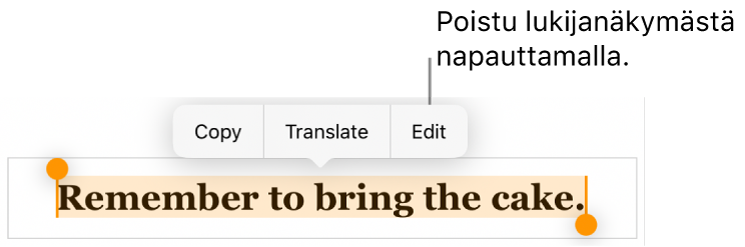 Lause on valittuna ja sen yläpuolella on kontekstikohtainen valikko, jossa on Kopioi- ja Muokkaa-painikkeet.