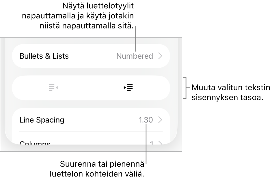 Muoto-säätimien Luettelot-osio, jossa on selitteet Luetteloihin, ulonnus- ja sisennyspainikkeisiin ja rivivälisäätimiin.