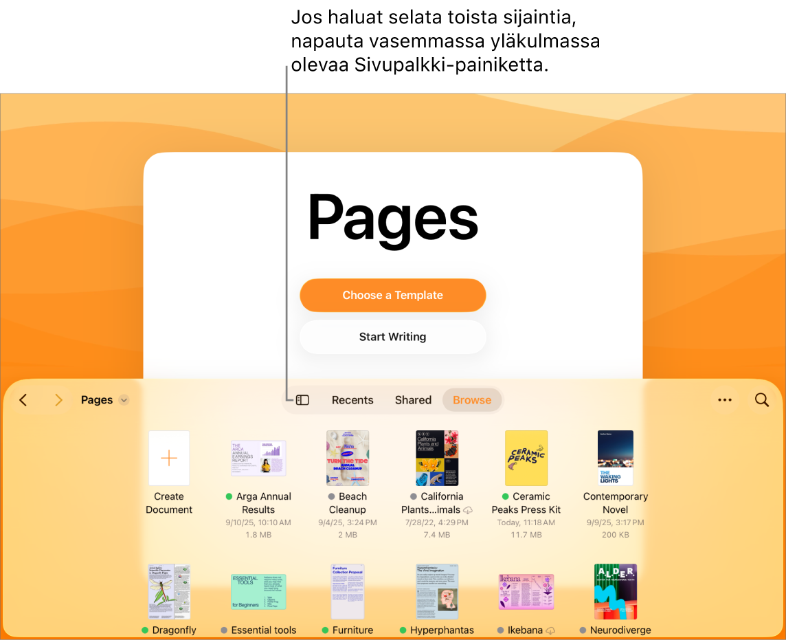 Dokumenttinäkymän selausnäkymä, jonka vasemmassa yläkulmassa on Sivupalkki-painike. Yläoikealla ovat Lisää-painike, Uusi kansio ‑painike, Kuvakkeet-painike (nimen, päivämäärän, koon tai tunnisteen mukaan järjestämistä varten), Valitse-painike ja Haku-painike. Näiden alapuolella ovat olemassa olevien dokumenttien miniatyyrit.