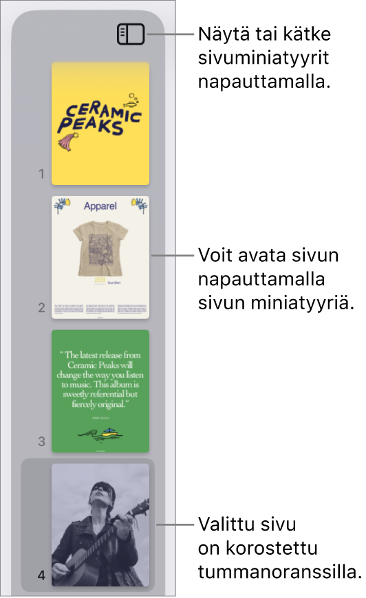 Sivujen miniatyyrinäkymä näytön vasemmassa reunassa ja yksi sivu valittuna. Näkymävalinnat-painike on miniatyyrien yläpuolella.