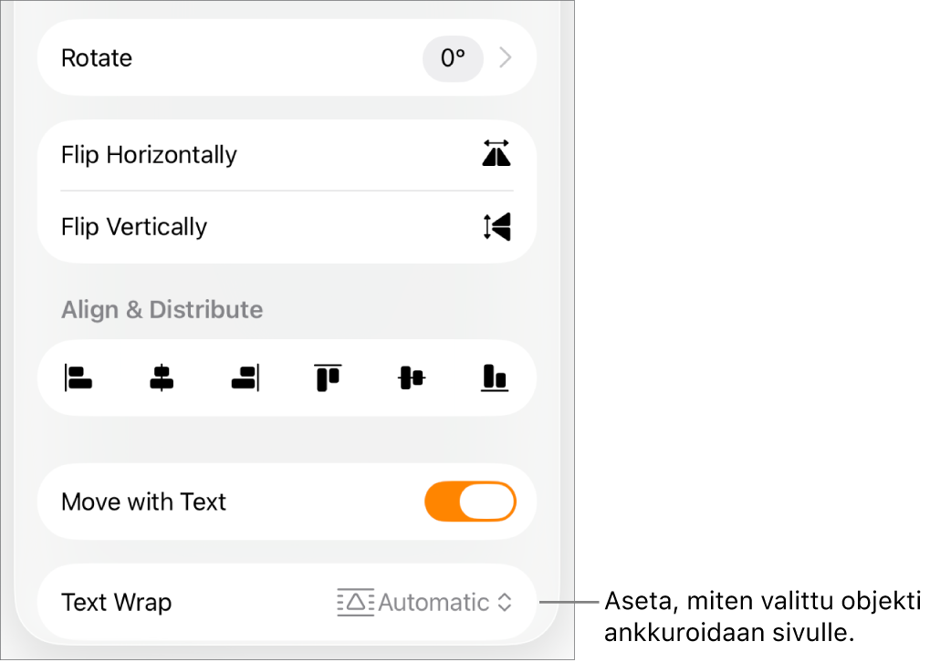 Muoto-säätimet Asettele-välilehden ollessa valittuna sekä säätimet toiminnoille Siirrä taakse/eteen, Tekstin mukana ja Tekstin rivitys.