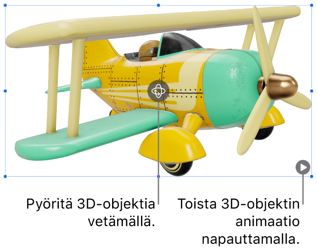 3D-objekti, jonka keskellä on Pyöritä-painike ja jonka oikeassa alakulmassa on Toista-painike.