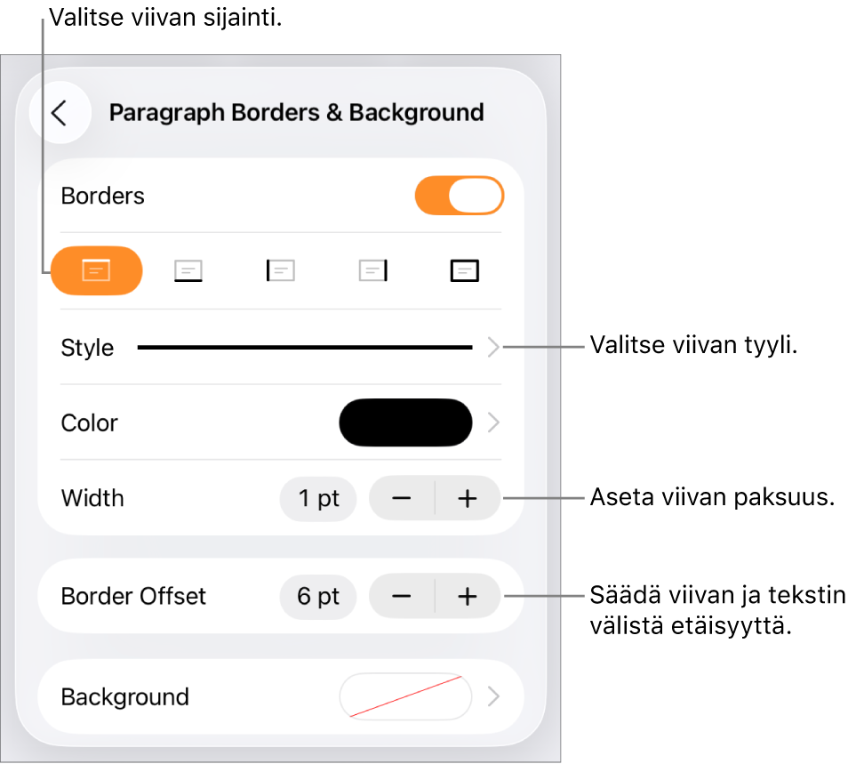 Säätimiä viivan tyylin, paksuuden, sijainnin ja värin muuttamiseen.