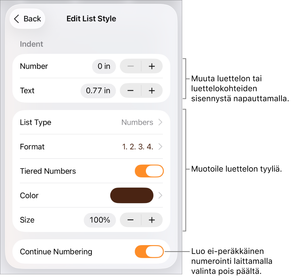 Muokkaa luettelotyyliä -valikko, jossa on säätimet sisennysten välistystä, luettelotyyppiä ja -muotoa, tasoittaista numerointia, luettelon väriä ja kokoa sekä jatkuvaa numerointia varten.