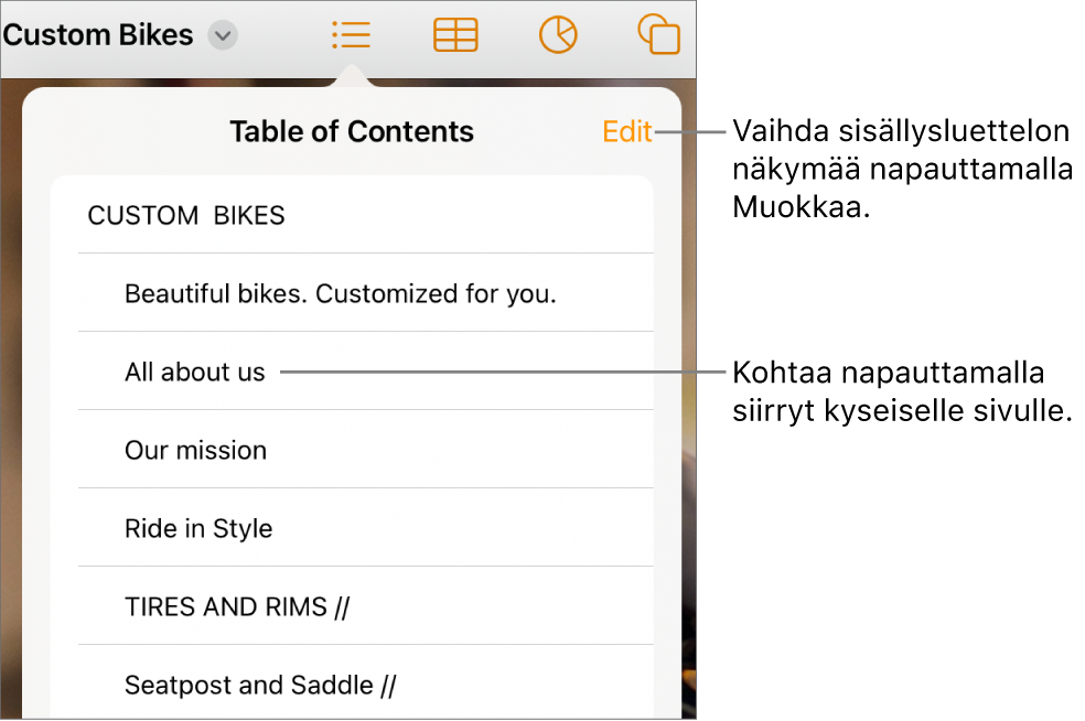 Sisällysluettelonäkymä, jossa on kohteet luettelona. Muokkaa-painike on näkymän oikeassa yläkulmassa.