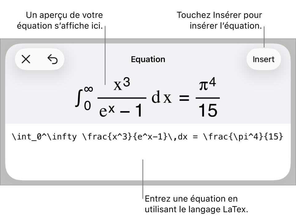 Zone de dialogue Équation, affichant une équation composée à l’aide des commandes LaTex et aperçu de la formule au-dessus.