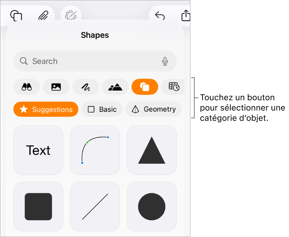Commandes pour l’ajout d’un objet, avec des boutons en haut permettant de sélectionner des tableaux, des graphiques, des formes (notamment des lignes et zones de texte) et du contenu multimédia.