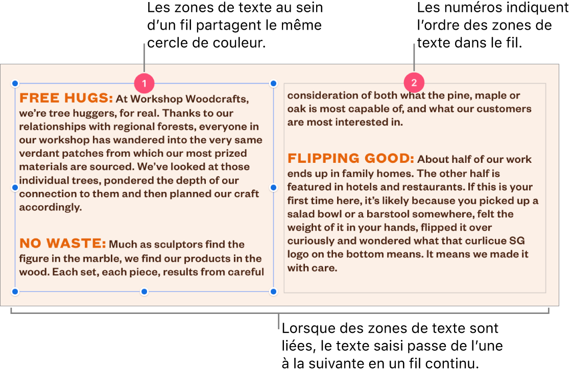 Deux zones de texte avec des cercles violets en haut et les numéros 1 et 2 dans les cercles.