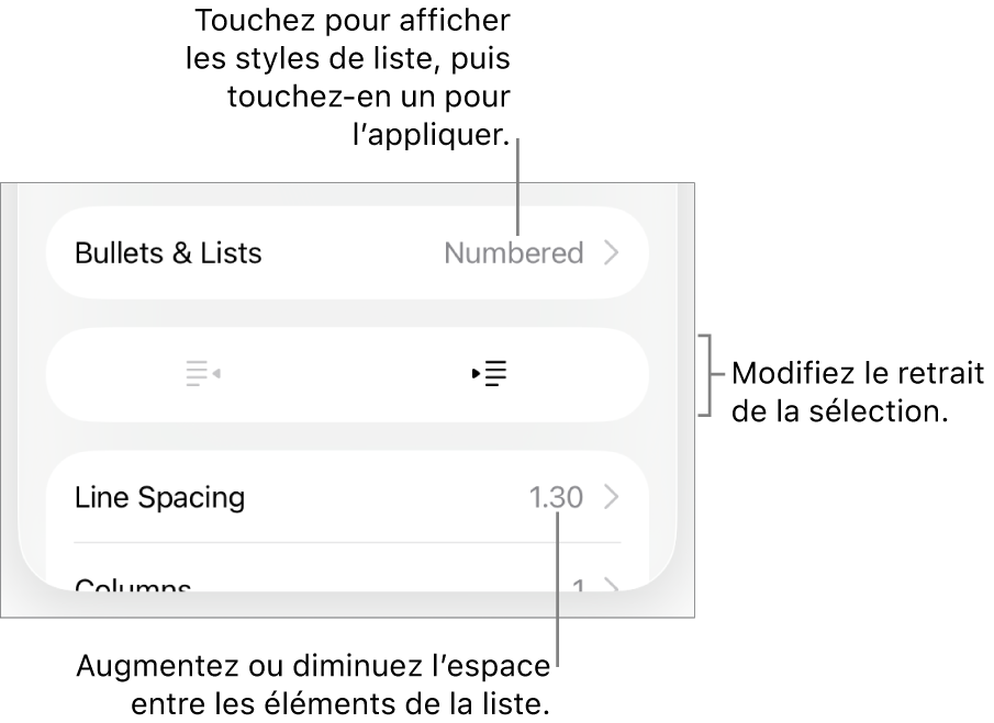 La section Puces et listes des commandes Format avec des légendes indiquant le menu Puces et listes, les boutons de retrait ou de suppression du retrait, et les commandes d’interligne.
