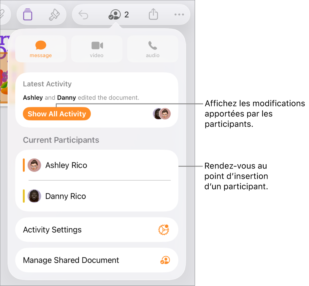 Le menu de collaboration avec la liste des participants actuels.