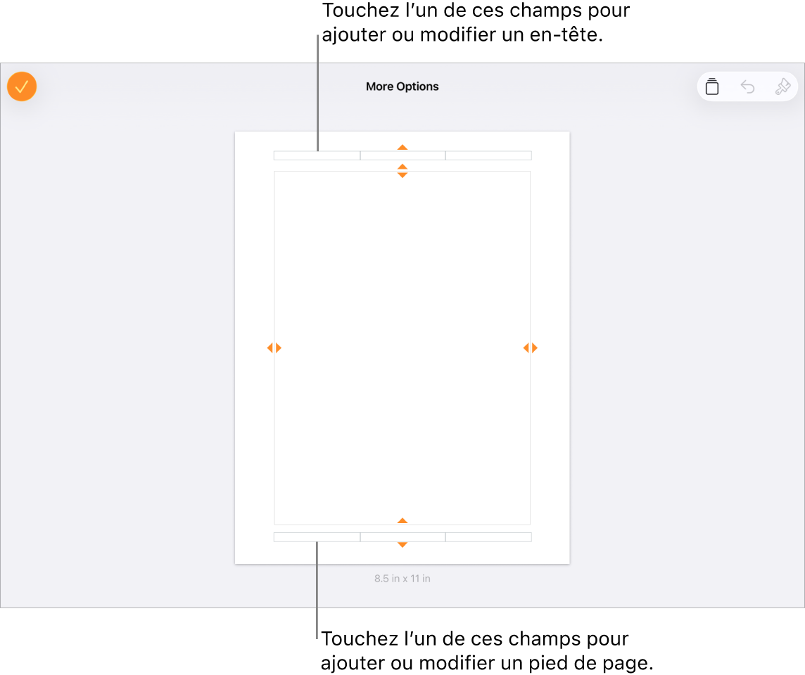 Présentation Plus d’options avec trois champs en haut du document pour les en-têtes et trois champs en bas pour les bas de page.
