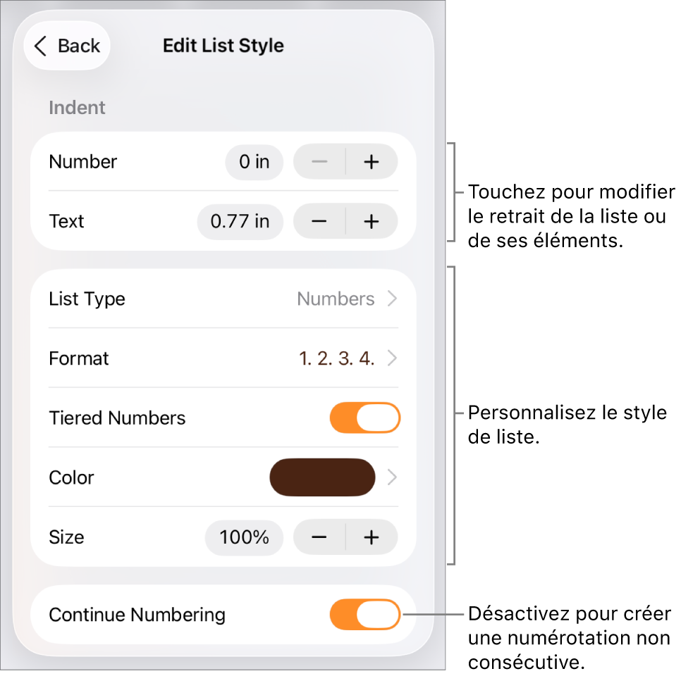 Menu Modifier le style de liste avec les commandes pour le retrait, le type et le format de liste, la numérotation progressive, la couleur et la taille, et la numérotation continue.