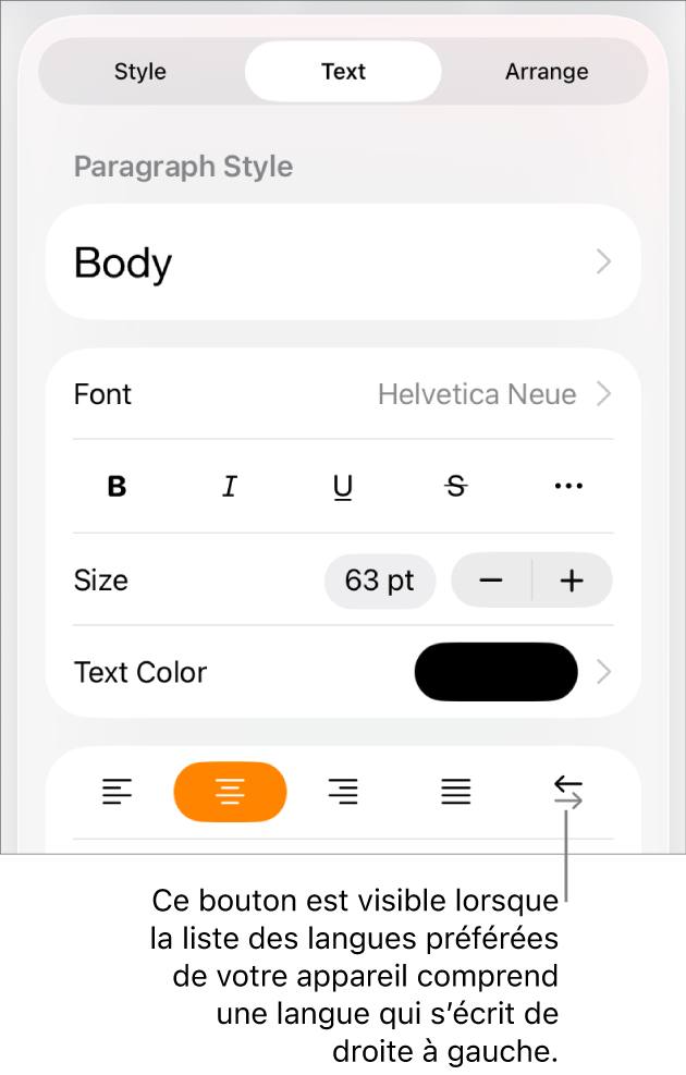 Commandes de texte du menu Format avec le bouton De droite à gauche accompagné d’une légende.