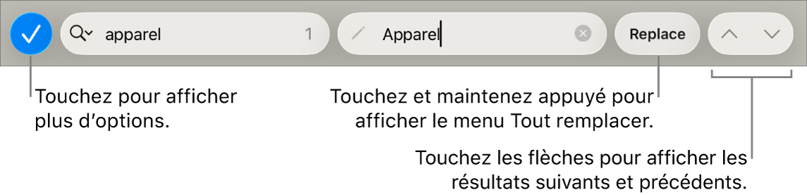 Les commandes Rechercher et remplacer au-dessus du clavier avec des légendes pour les boutons Options de recherche, Remplacer, Monter et Descendre