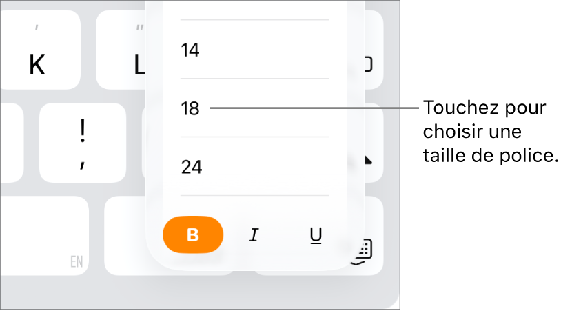 Bouton Taille de la police sur le côté droit du clavier de l’iPad avec le menu relatif aux tailles de police ouvert. Les tailles de police standard établies par le gouvernement de la Chine continentale apparaissent en haut du menu, et les tailles des points s’affichent en dessous.