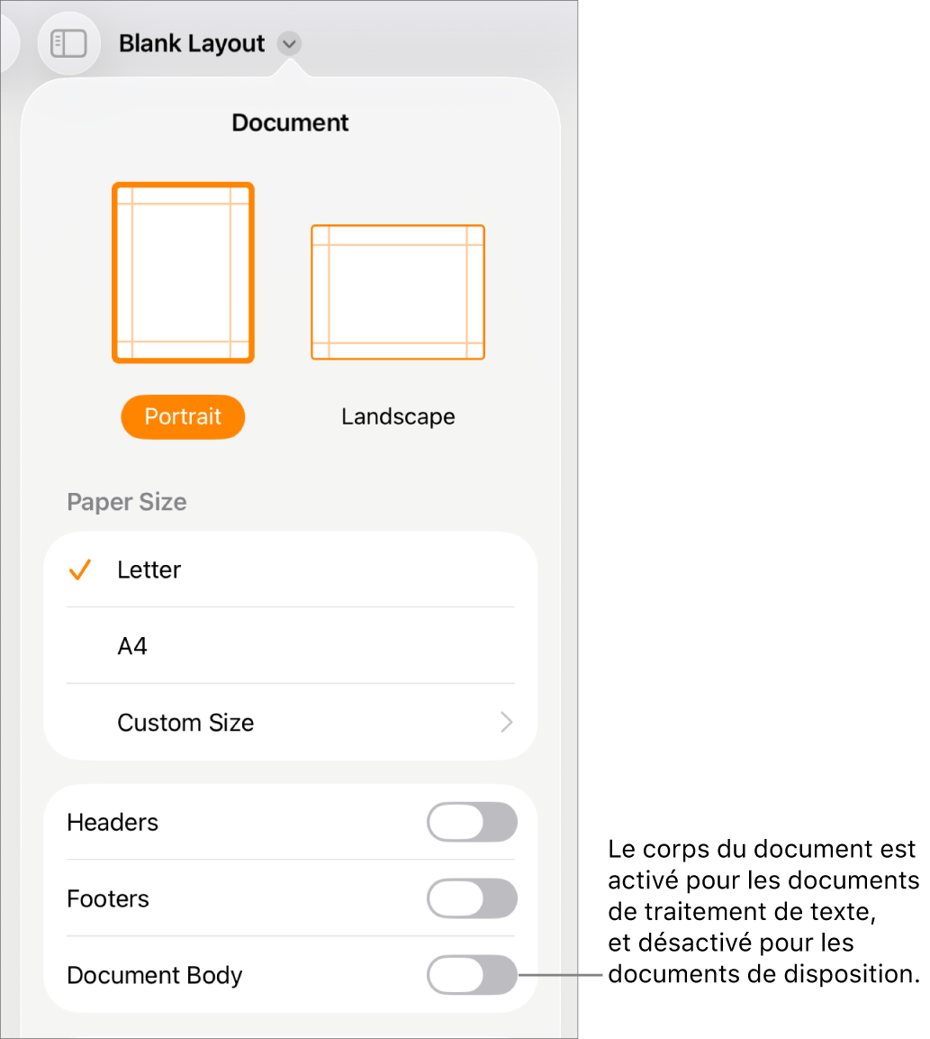 Les commandes Format du document et Corps du document activées vers le bas de l’écran.