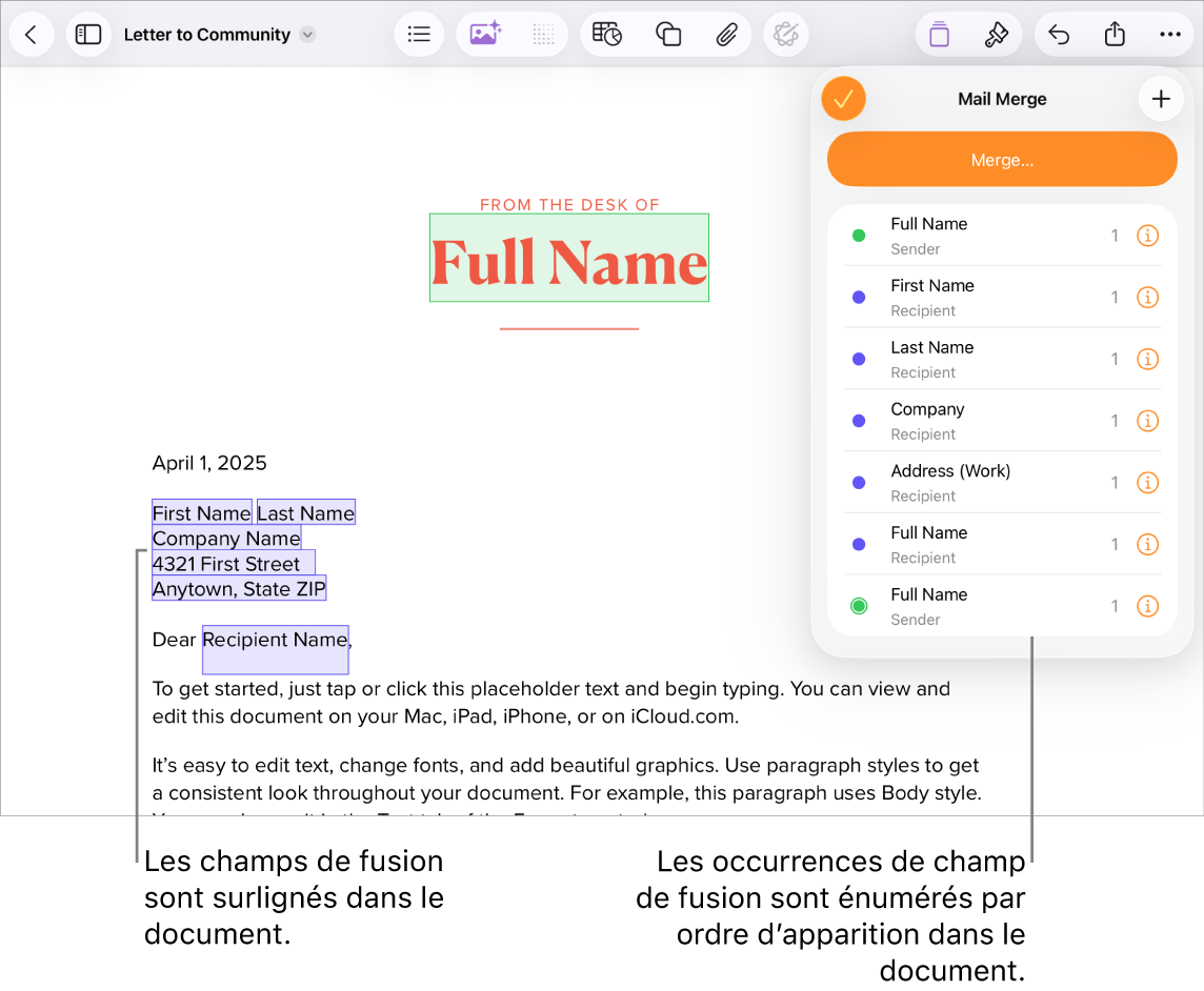 Document Pages avec champs de fusion de destinataire et d’expéditeur, et la liste des instances de champs de fusion visible dans la barre latérale Document.