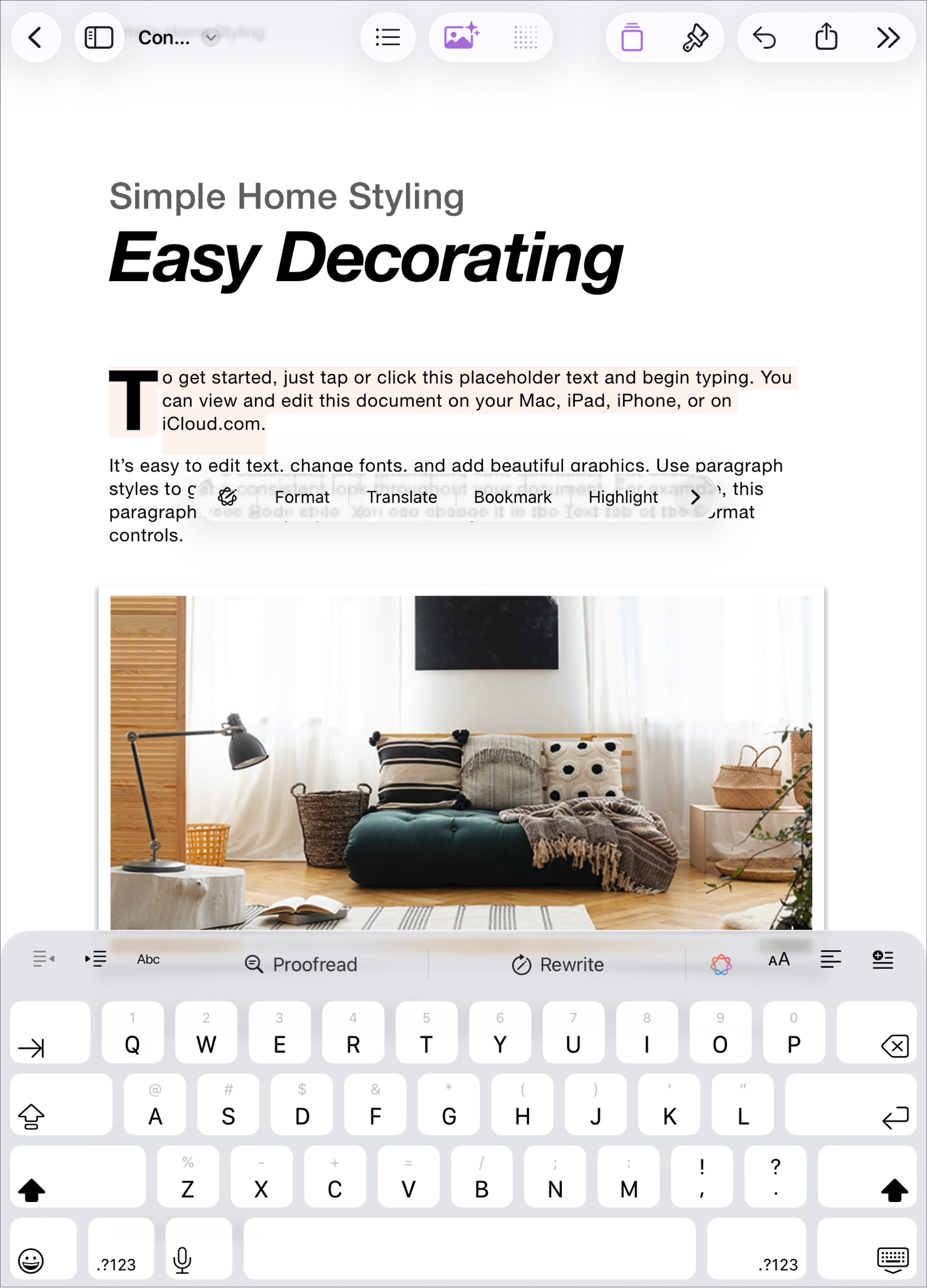Document Pages ouvert avec texte fictif sélectionné.
