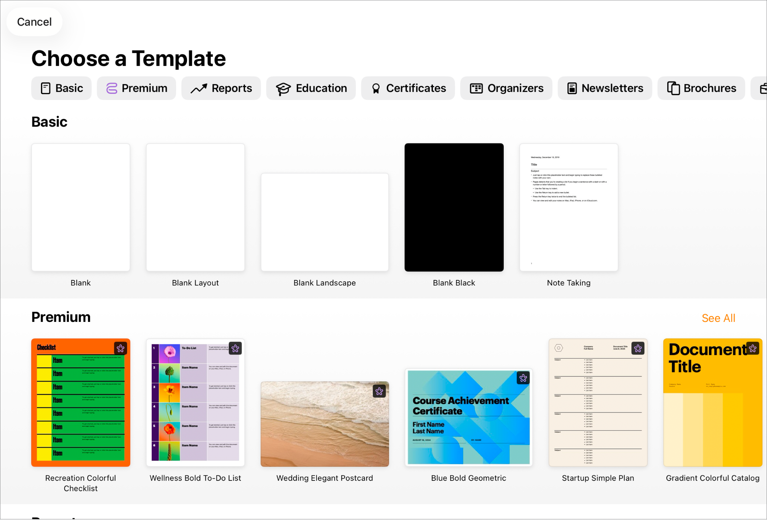 Page principale du sélecteur de modèles
