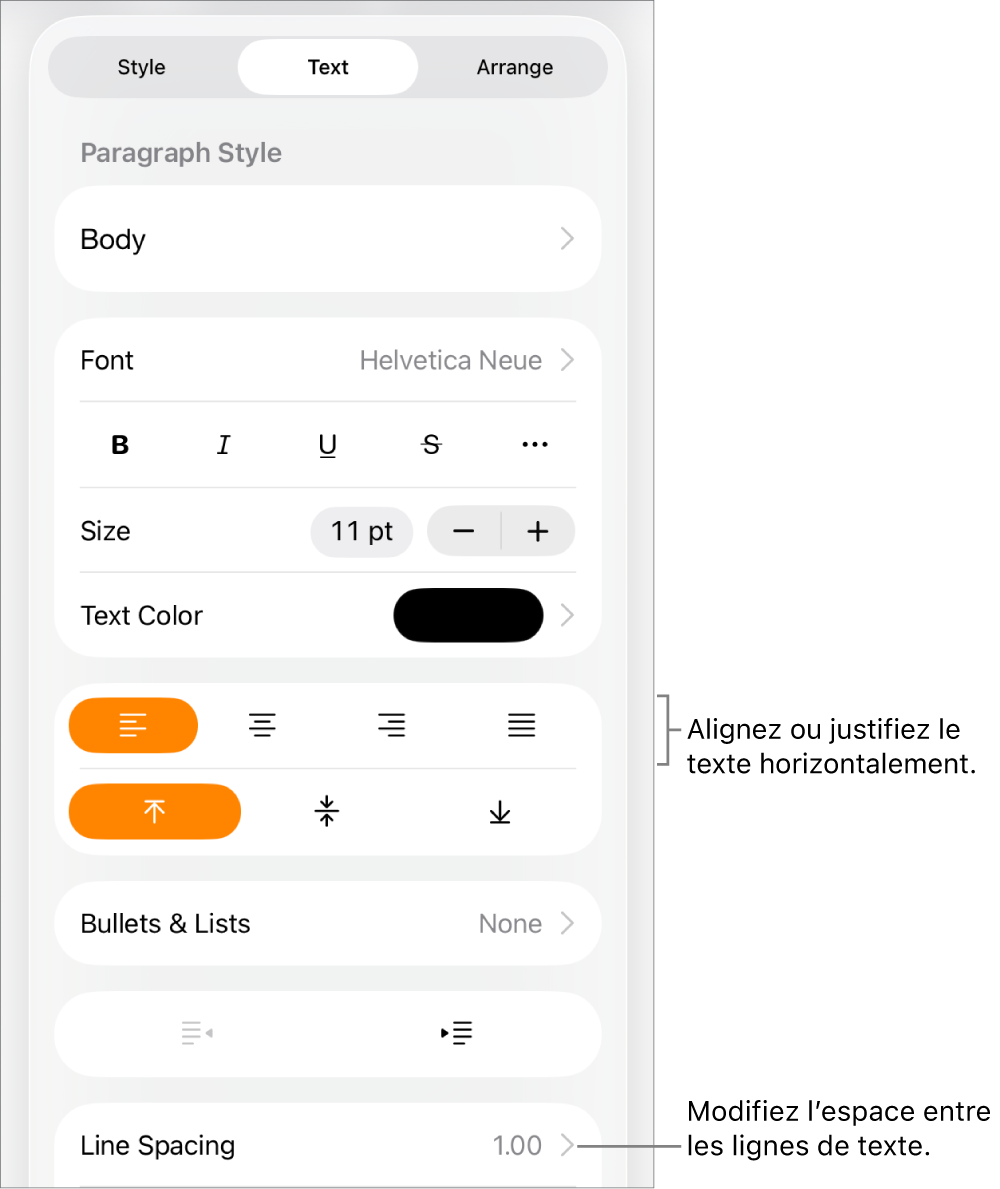 Le bouton des commandes Format avec l’onglet Texte sélectionné et les légendes des boutons d’alignement ainsi que le menu Interligne.