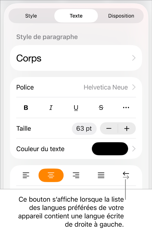 Les commandes de texte dans le menu Format avec une légende pointant vers le bouton « Droite à gauche ».