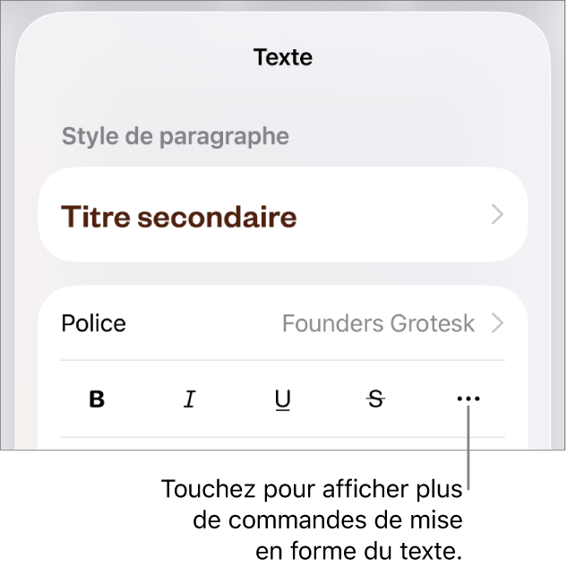 L’onglet Texte des commandes Format, avec une légende vers le bouton « Plus d’options de texte ».