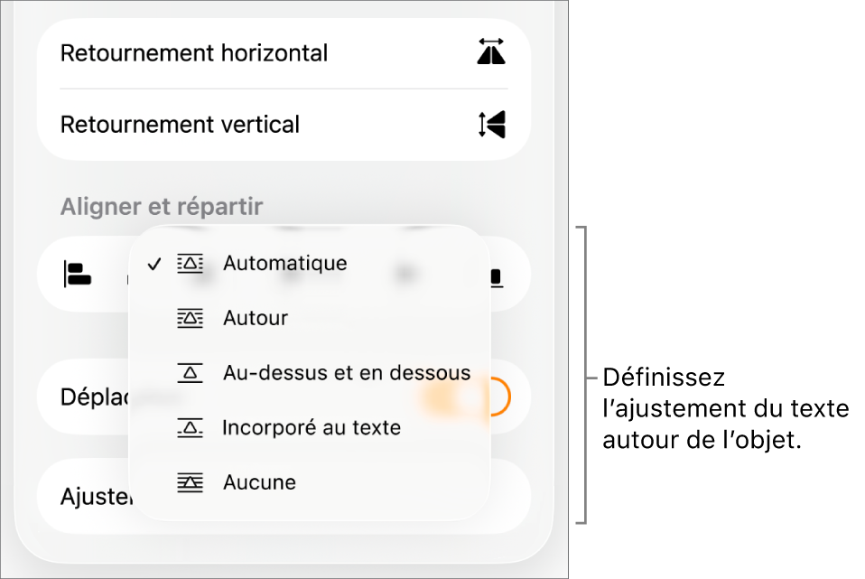 Les commandes Format avec l’onglet Disposition sélectionné. Les commandes « Ajuster le texte » avec les options « Placer derrière/devant », « Déplacer avec texte » et « Ajuster le texte » se trouvent en dessous.