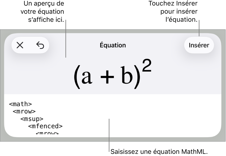 Zone de dialogue Équation, affichant une équation composée à l’aide des commandes MathML, et un aperçu de la formule au-dessus.