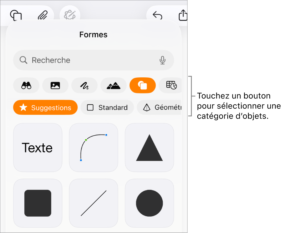 Commandes pour l’ajout d’un objet, avec des boutons en haut permettant de sélectionner des tableaux, des graphiques, des figures (notamment des lignes et zones de texte) et du contenu multimédia.