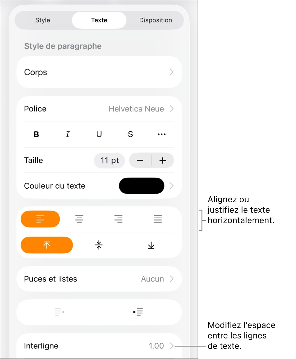 Le bouton des commandes Format avec l’onglet Texte sélectionné et des légendes vers les boutons d’alignement du texte et l’élément de menu Interligne.