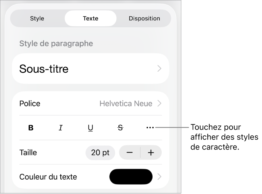 Les commandes de mise en forme avec les styles de paragraphe en haut, suivis des commandes de police. En dessous de Police se trouvent les boutons Gras, Italique, Souligné, Barré et « Plus d’options de texte ».