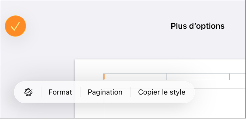 Trois champs d’en-tête avec le point d’insertion dans celui du milieu et un menu local affichant l’option Pagination.