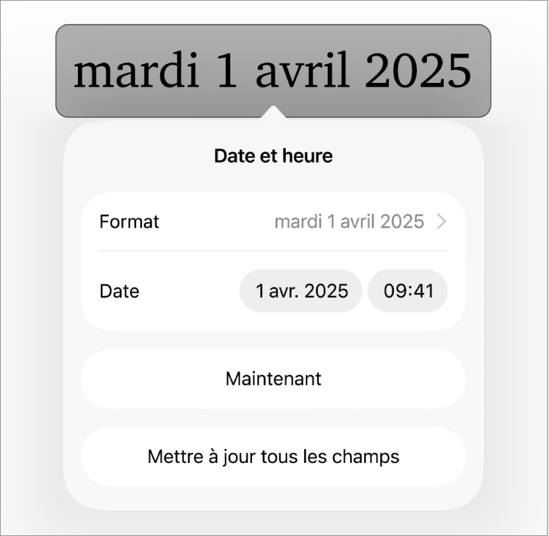 Les commandes Date et heure affichant un menu local pour le format de date, ainsi que des boutons Maintenant et Mettre à jour tous les champs.
