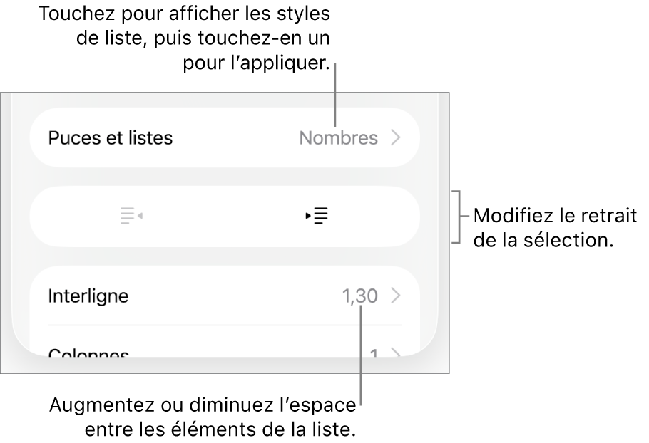 La section « Puces et listes » des commandes Format avec des légendes pour « Puces et listes », les boutons d’indentation et de suppression d’indentation et les commandes d’espacement entre les lignes.