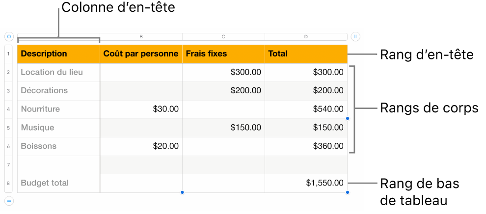 Tableau affichant des rangs et des colonnes d’en-tête, de corps et de bas de tableau.