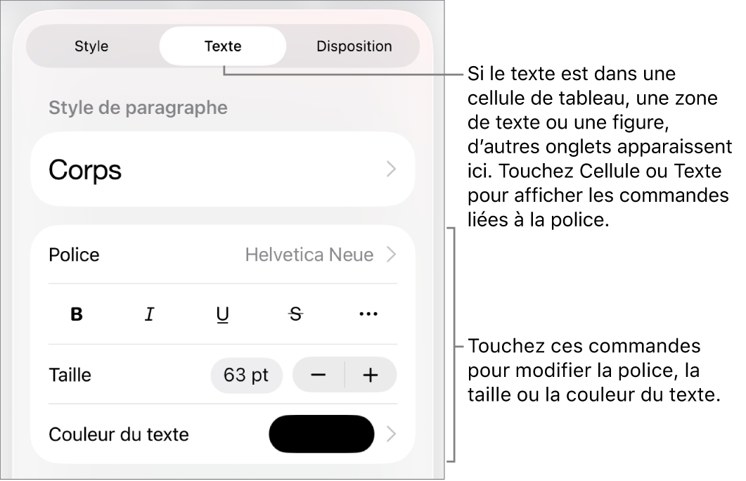 Commandes de texte du menu Format permettant de définir les styles, la police, la taille et la couleur des paragraphes et des caractères.