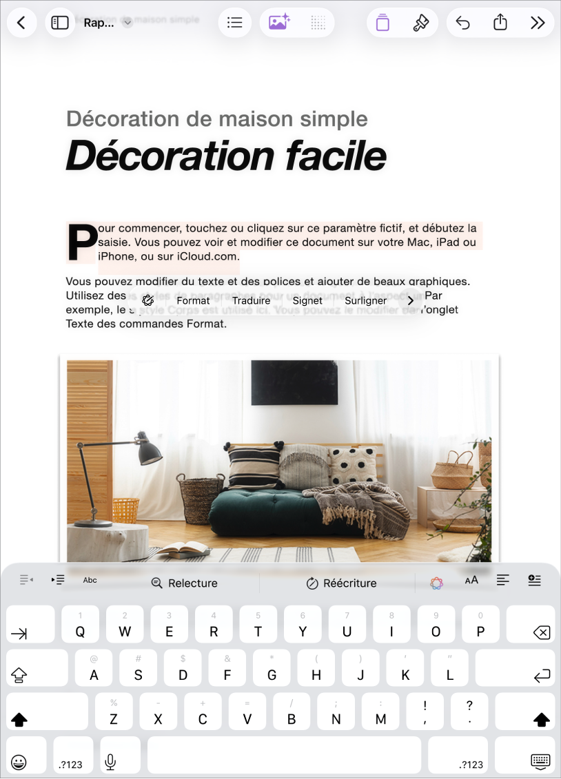 Document Pages ouvert avec du texte de paramètre fictif sélectionné.