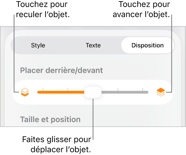 Le bouton de déplacement vers l’arrière, le bouton de déplacement vers l’avant et le curseur de superposition.