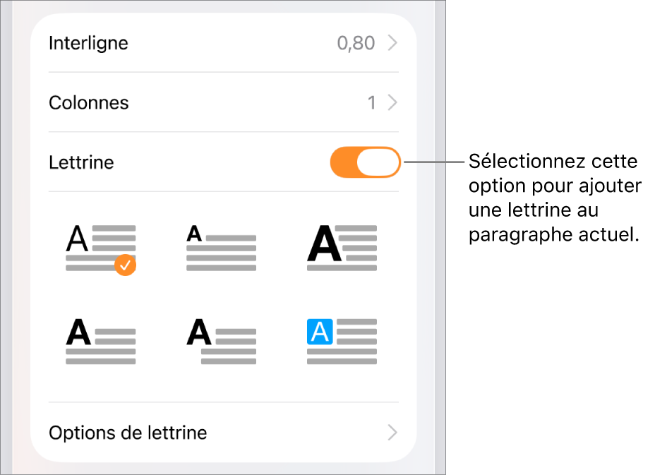 Les commandes Lettrine situées dans le menu Texte.