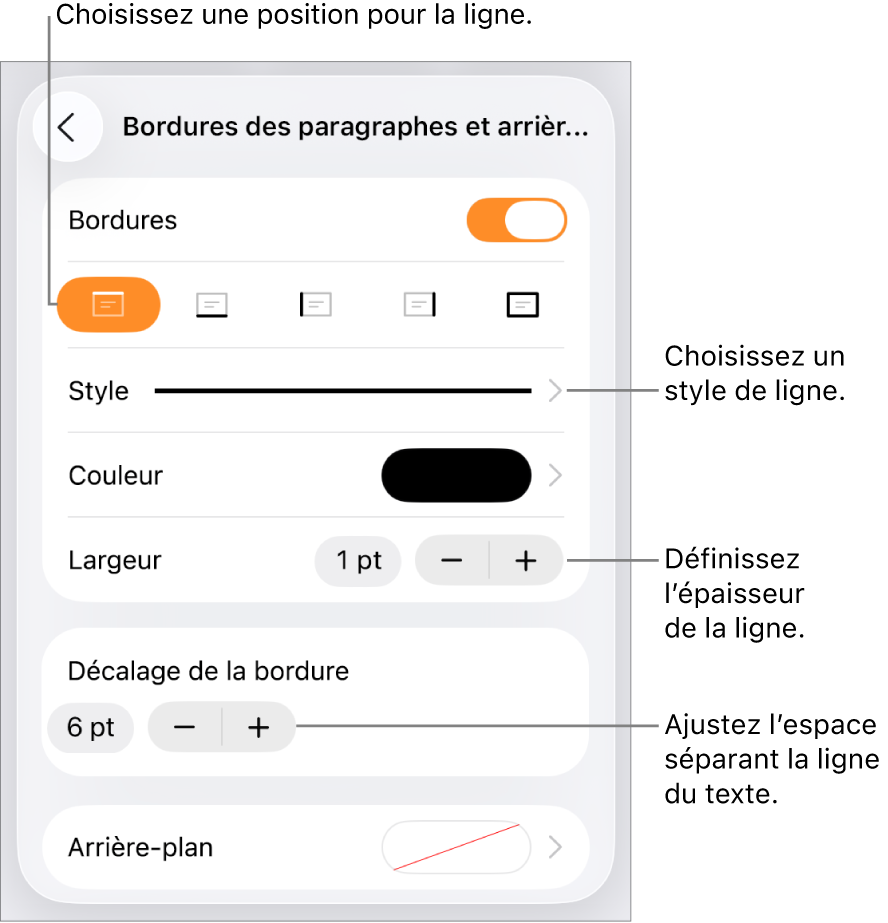 Commandes permettant de modifier le style, l’épaisseur, la position et la couleur de la ligne.
