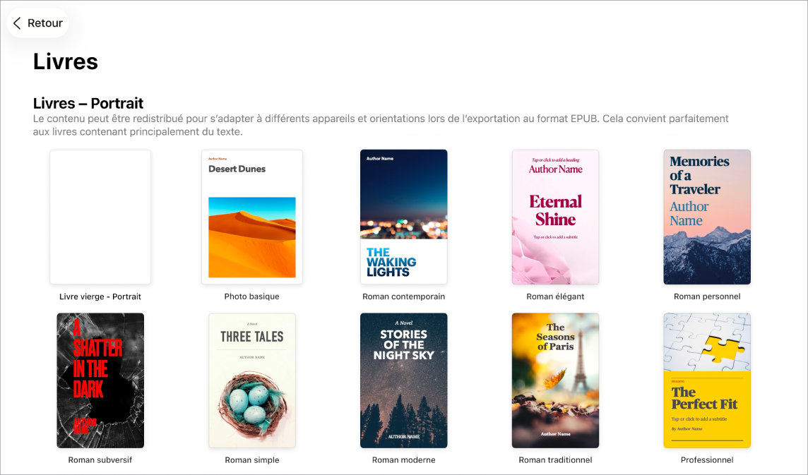 La liste de modèles avec les modèles de livre en orientation portrait en haut et en orientation paysage en dessous.