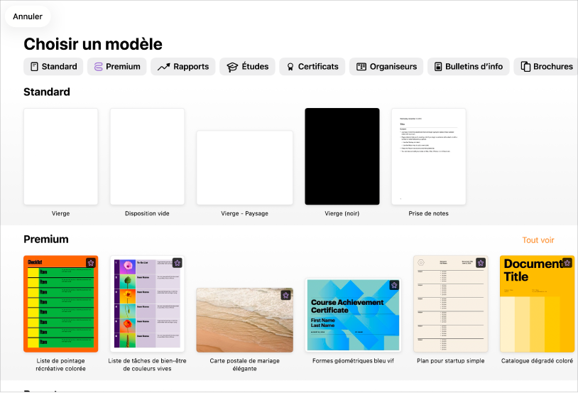 Page principale de la liste des modèles.