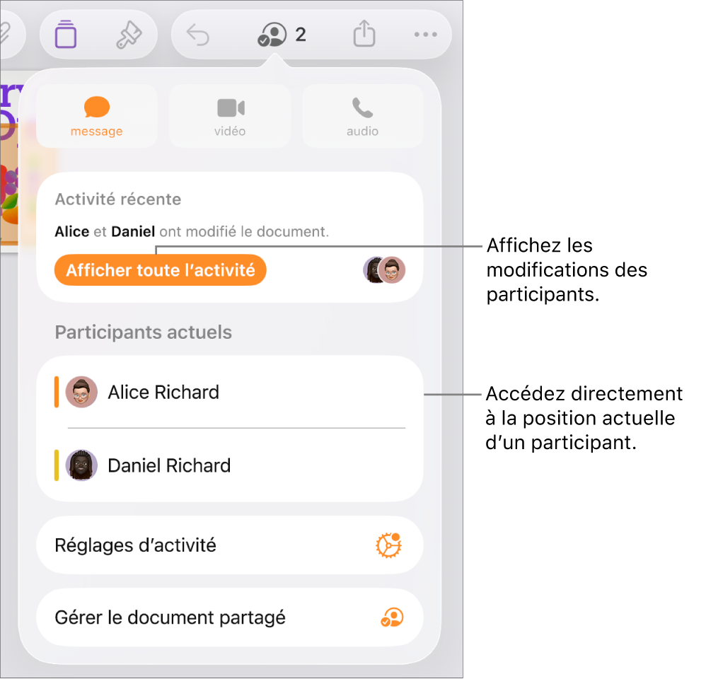 Le menu de collaboration répertoriant les participants actifs.