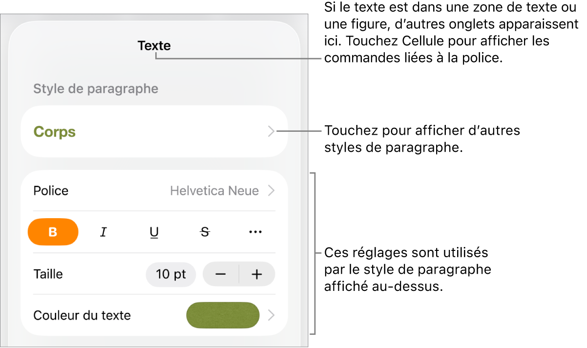 Menu Format montrant les commandes de texte permettant de définir les styles, la police, la taille et la couleur des paragraphes et des caractères.