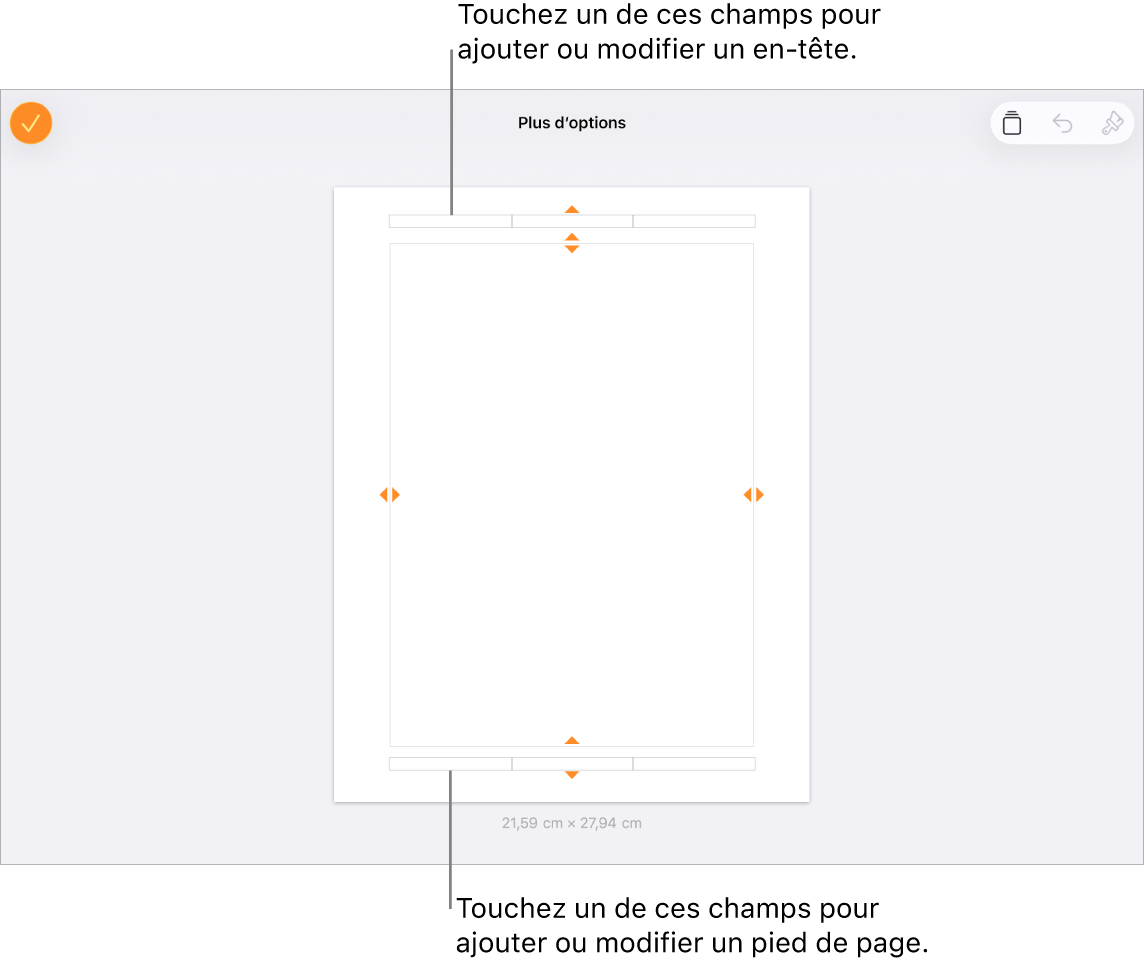 La présentation « Plus d’options » avec trois champs en haut du document pour les en-têtes et trois champs en bas du document pour les pieds de page.